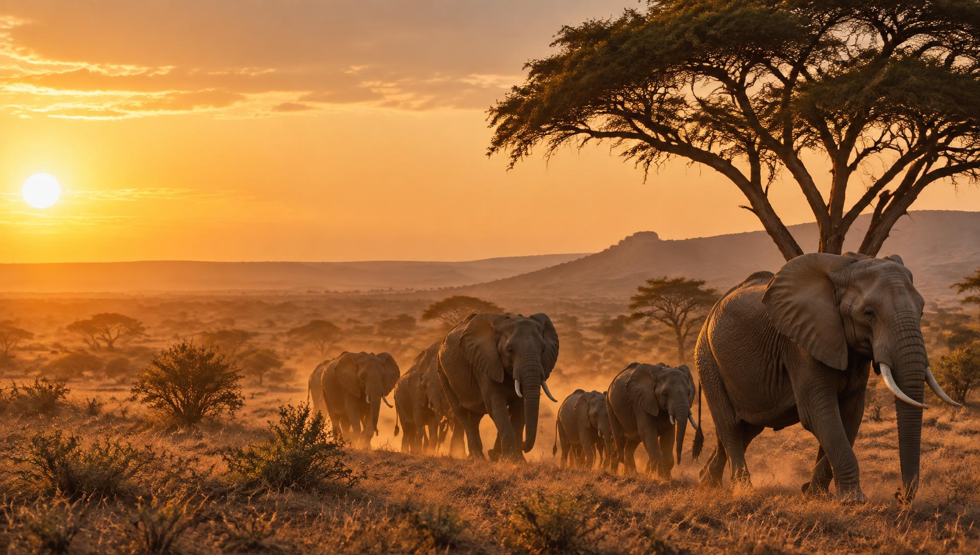 Manada de elefantes al atardecer en la sabana africana
